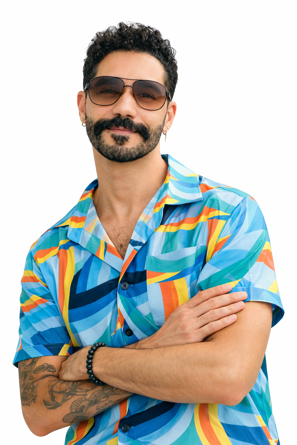Camisa saíRa de Botão Manga Curta com Estampa Abstrata em Ondas