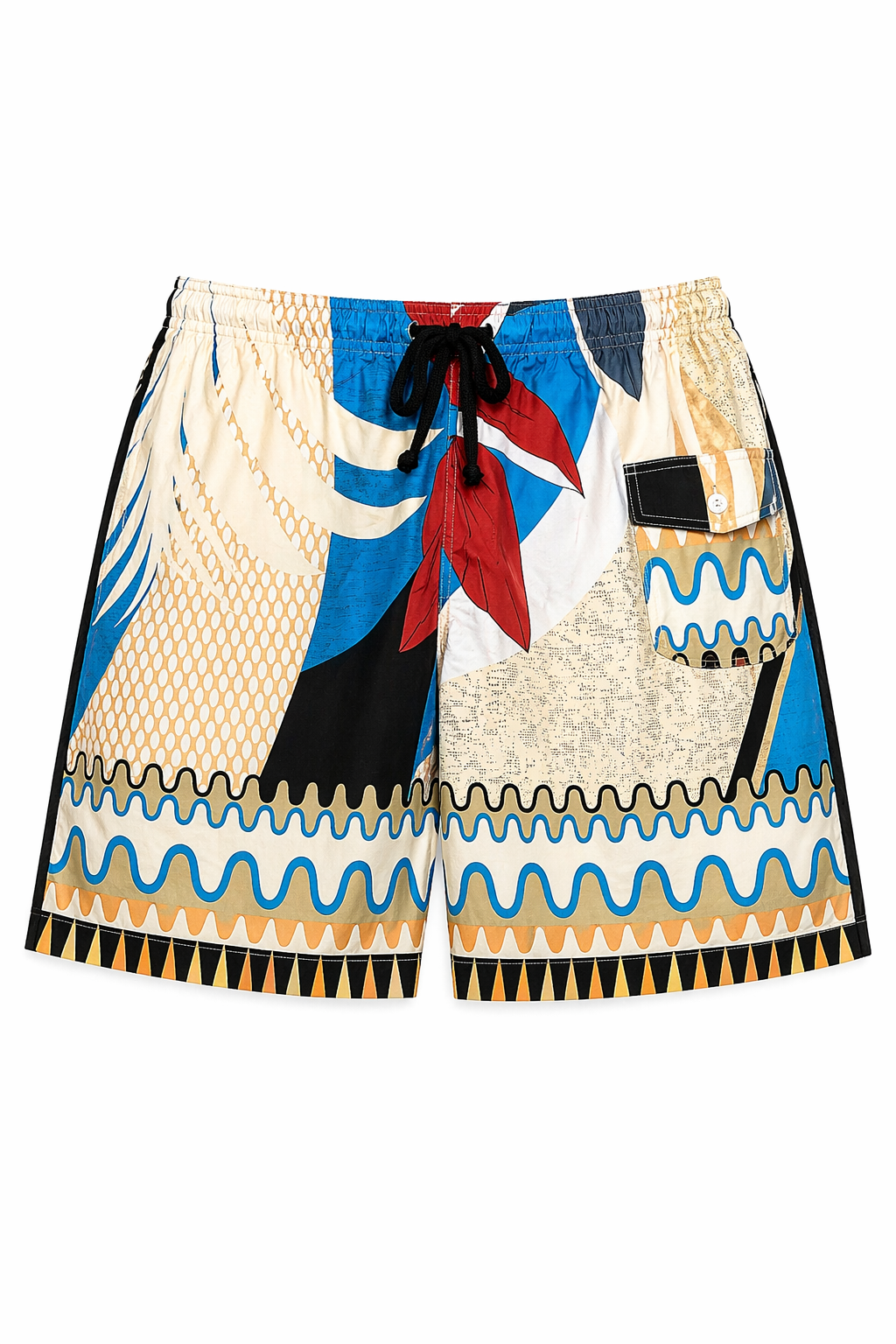 Bermuda resort acima do joelho com estampa Cattleya em tons de bege, azul, vermelho e preto, cós elástico com cordão e bolso traseiro.