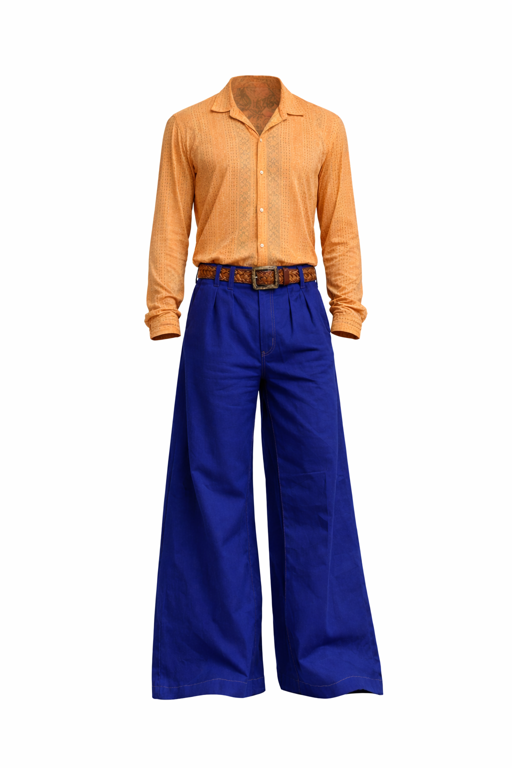 Camisa Manga Longa em Renda Stretch com Botões de Madrepérola + Calça Pantalona em Sarja Leve