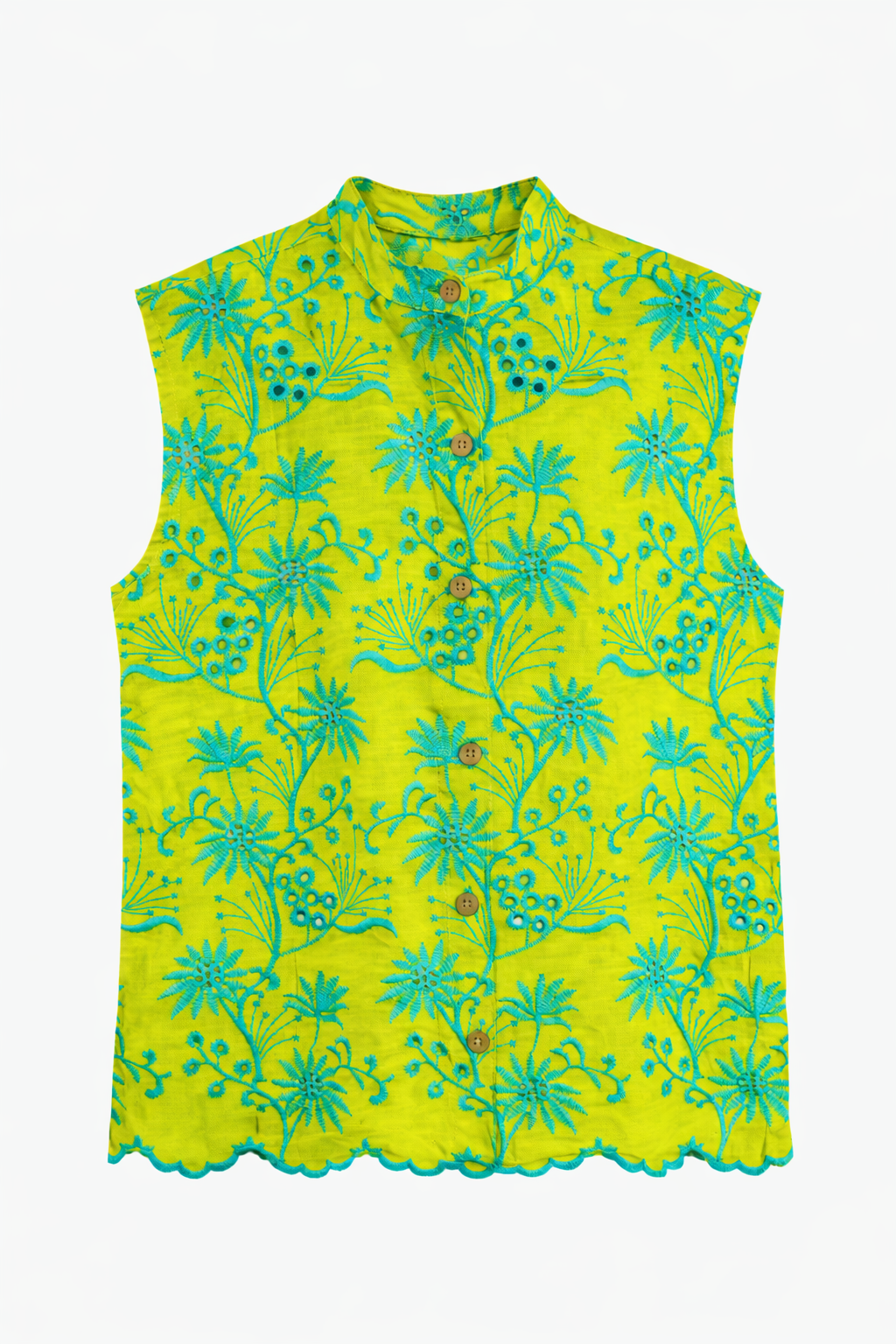 Camisa sem manga verde-lima em algodão com estampa azul-turquesa de palmeiras, gola padre e botões de coco.