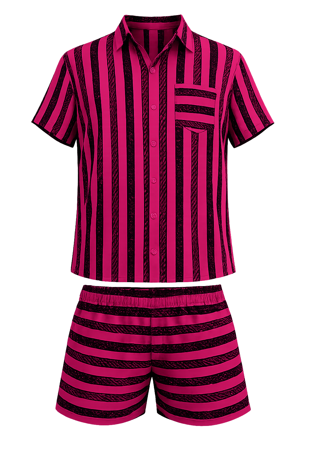 Conjunto listrado pitaya e preto com camisa de botão de manga curta e bermuda curta, em fundo neutro.