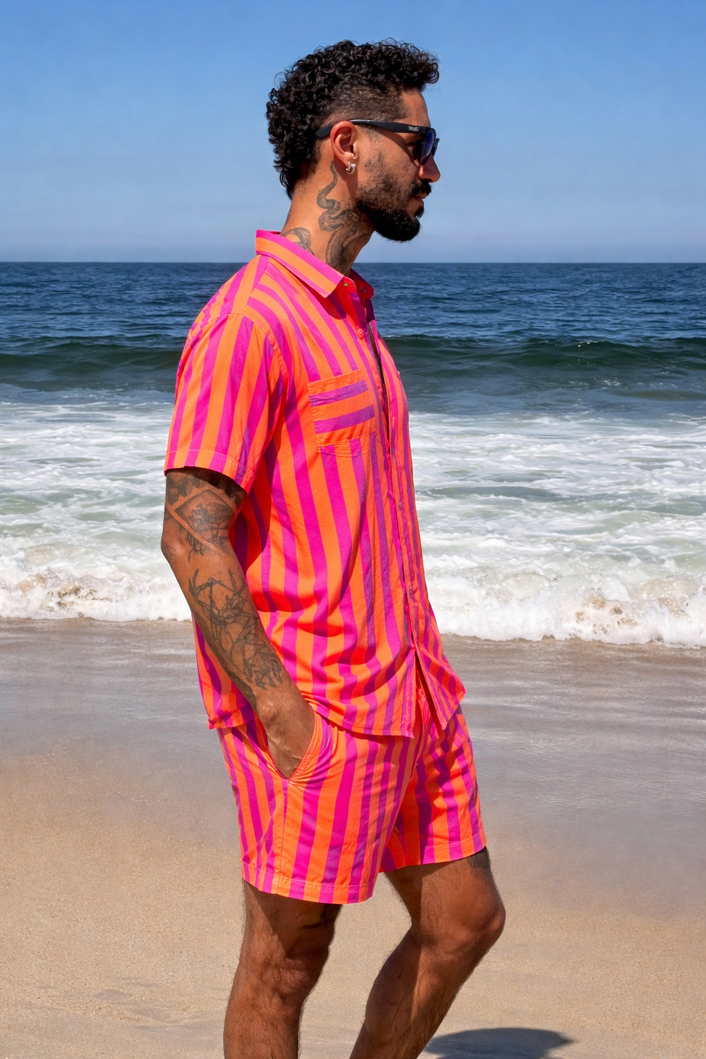 Conjunto saíRa Listras em Rosa e Laranja (Camisa + Short)
