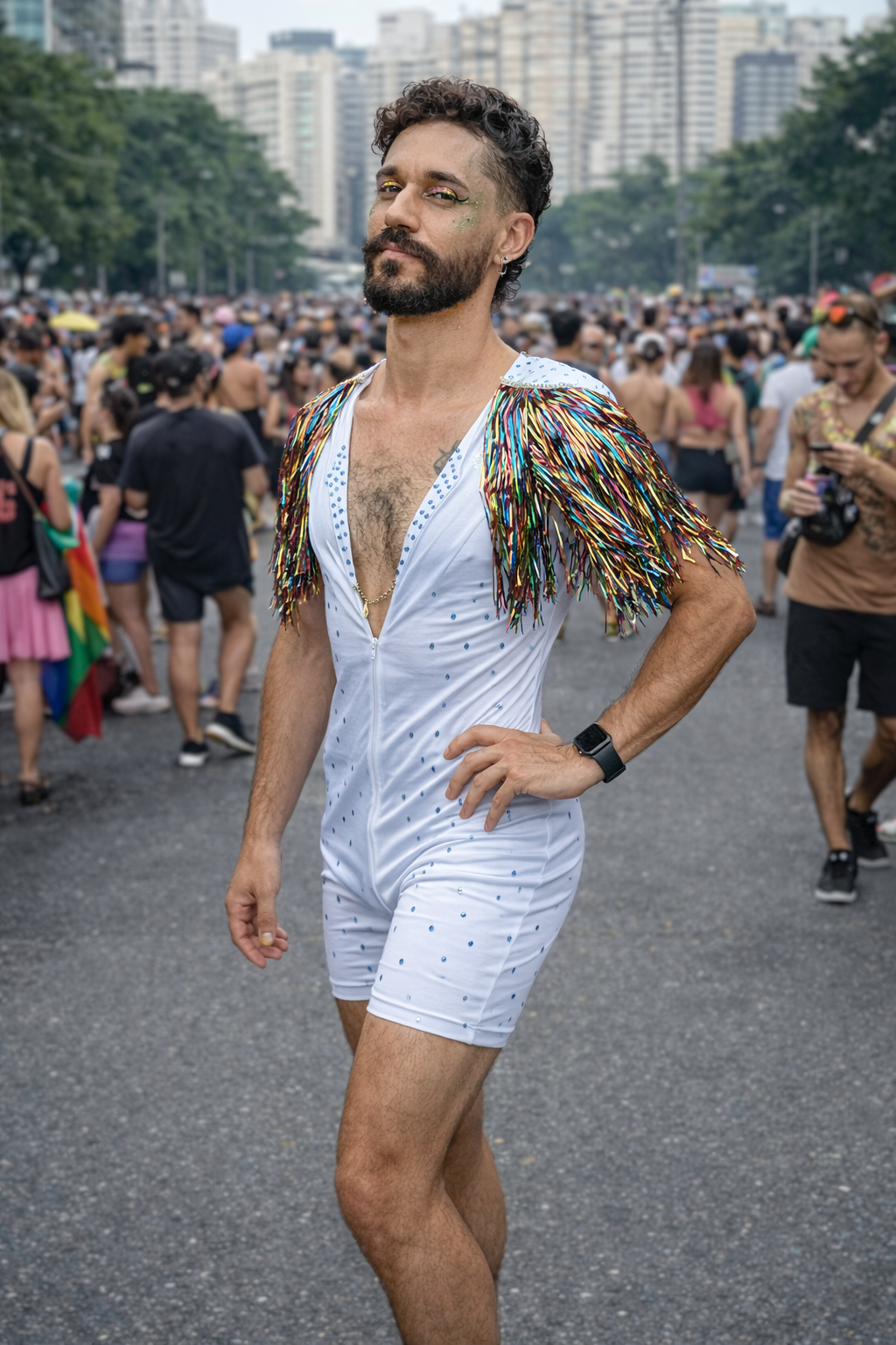 Pessoa usando fantasia curta branca com pedrarias azuis e ombreiras com franjas metalizadas multicoloridas, em evento de rua com multidão ao fundo.