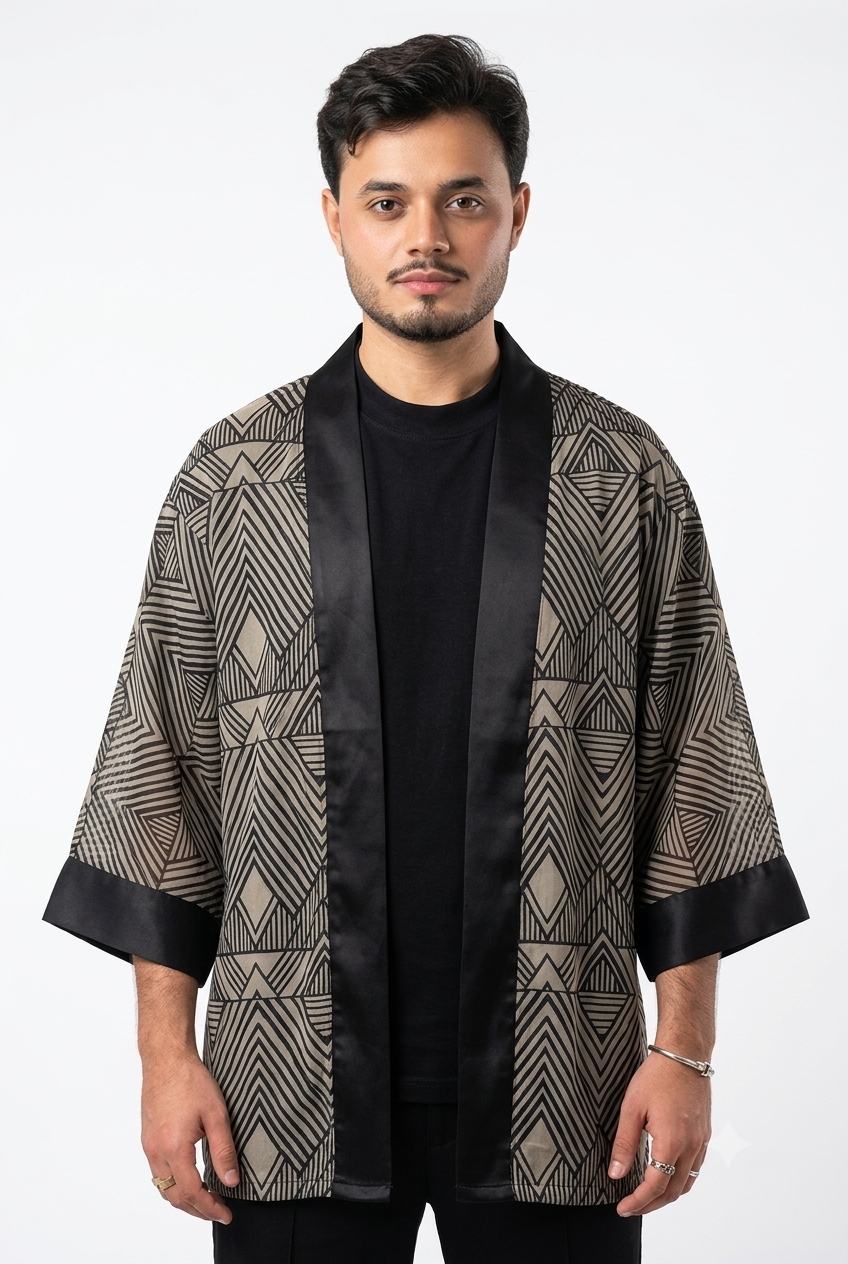 Pessoa usando Kimona Art Déco, uma kimona aberta e leve em jacquard de malha com transparência, padrão geométrico preto sobre fundo bege nude, gola tipo xale em faixa preta lisa, mangas 3/4 e acabamento preto mais longo na barra e nas mangas.